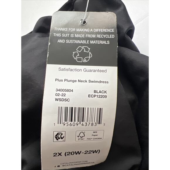 Essentials By Catalina Swim Dress Womens 2X Black Plunge Neck Swimsuit NWT - Picture 4 of 9